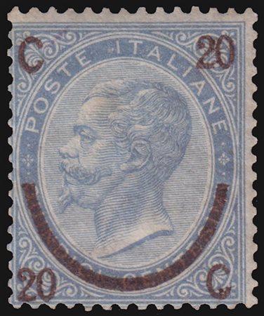 REGNO D'ITALIA 1865"Ferro di cavallo". 20/15c. celeste, III tipoCert. R....