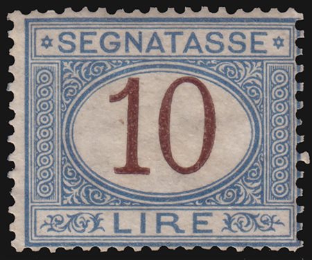 REGNO D'ITALIA 1874Segnatasse. 10 lire azzurro e brunoCert. E. Caffaz. Firma...