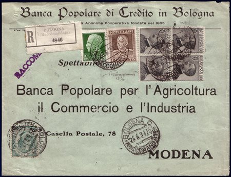 REGNO D'ITALIA 1929 (25 giu.)Busta raccomandata da Bologna per Modena...