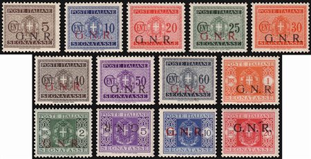 R.S.I. 1943/1944Segnatasse. Serie completa soprastampata "G.N.R.". Dal 5c. al...