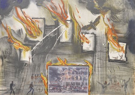 Salvador Dalì Fire, Fire, Fire;Litografia a col./collage, 53 x 75 cm Firma e...