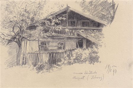 Hugo Grimm Bauernhof in Schwaz, 1897;Bleistift, 10 x 15 cm Ortsbezeichnung u....