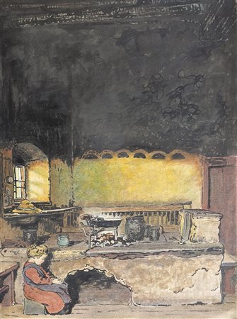 Hugo Grimm Mädchen in alter Bauernküche;Aquarell, Tusche, 39 x 29 cm