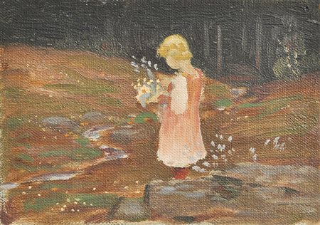 Hugo Grimm Mädchen beim Blumenpflücken;Öl auf Leinwand, 8,3 x 11,9 cm