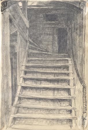 Hugo Grimm Scheunentreppe, 1924;Schwarze Kreide, 32,5 x 22,5 cm Datiert