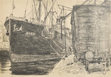 Hugo Grimm Seegelschiff im Hafen, Ostsee, 1924;Schwarze Kreide, 22,5 x 32,5...