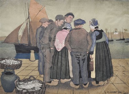 Carl Moser Szene am Hafen, Bretagne, 1930;Farbholzschnitt, 42,8 x 58 cm,...