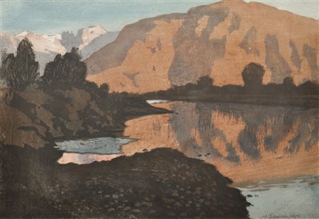 Max Sparer Etschauen gegen Rosengarten, 1941;Farbholzschnitt, 32,7 x 48 cm,...