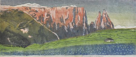 Anton Terza Seiser Alpe mit Schlern, um 1940;Farbholzschnitt, 18,2 x 44 cm...