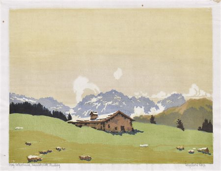Engelbert Lap Alm in Tirol;Farbholzschnitt, 19,5 x 25,5 cm (Bildfeld),...