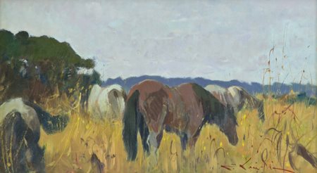 Enzo Lenzi Livorno 1942 Cavalli Olio su tavola, cm. 25x45 Firmato in basso a...