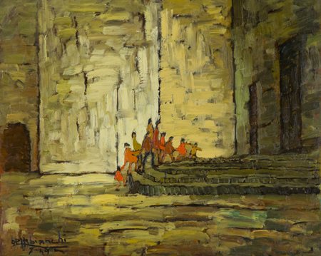 Beppe Bianchi Firenze 1910 Bimbi alla chiesa, 1949 Olio su tavola, cm. 40x50...