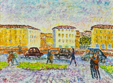 Guido Borgianni New York 1915 - Firenze 2011 Paesaggio con figure Olio su...