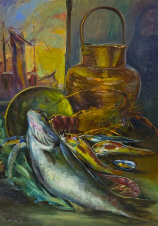 Ennio Tortoli Livorno 1928 Natura morta, 1961 Olio su faesite, cm. 70x50...