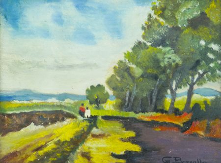 G. Bozzalla Paesaggio con figure Olio su tavola, cm. 18x24 Firmato in basso a...