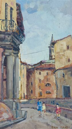 Ezio Marzi Firenze 1875 - 1955 Scorcio di città Olio su tavola, cm. 35x20...