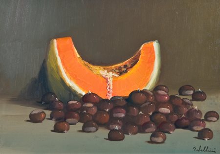 Giacomo Tabellini 1907 - 1989 Melone e castagne Olio su tela, cm. 35x50...