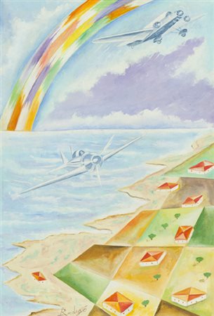 Pietro Ardigò Combattimento aereo con arcobaleno futurista Tecnica mista su...