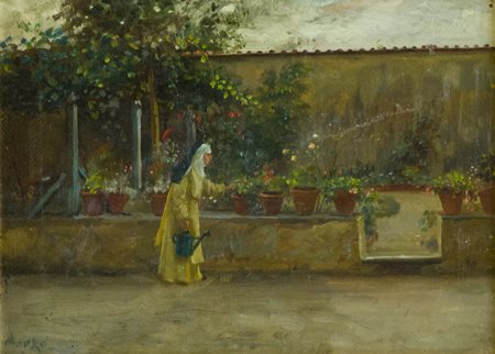 Henry Markò Firenze 1855 - Lavagna 1921 Suora in cortile Olio su tela, cm....