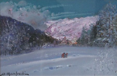 MANFREDI SERGIO Torino 1932 "Neve in montagna" 20x30 olio su masonite Opera...