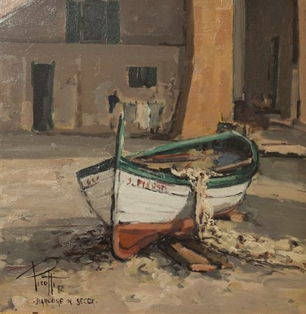 PIROTTI CARLO 1938 "Barcone in secca" 42X40 olio su tavoletta Opera firmata,...