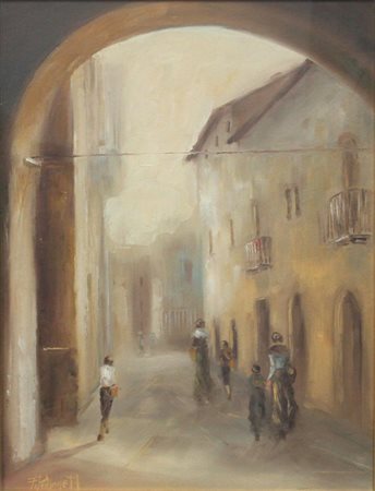 POLLONE F . "Via di paese" 1977 45x35 olio su cartone telato Opera firmata e...