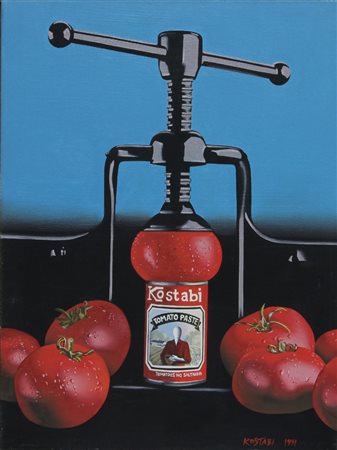 Mark Kostabi (Los Angeles 1960) Tomato paste 1991 Dim.102x76,5 Olio su tela...