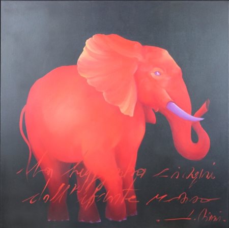 Luciano Viani (Vezzano Ligure 1951) Elefante rosso Anni 2000 Dim.80x80 Olio...