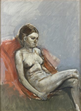 ALBERTO SUGHICesena, 1928 - Bologna, 2012 Donna nuda seduta Olio su tela, 80...