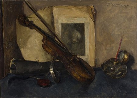 DINO BOSCHIBologna, 1923 - 2015 Natura morta con violino, 1947 Olio su...