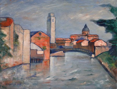 CARLO CARRÀQuargnento (AL), 1881 - Milano, 1966 Canale veneziano, 1948 Olio...