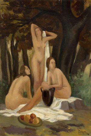 PUBLIO MORBIDUCCIRoma, 1889 - 1963 Colazione nel bosco, 1944 Olio su cartone...