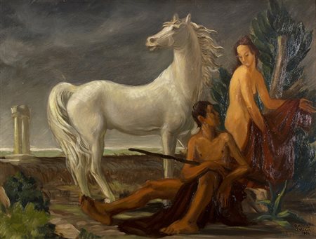 PUBLIO MORBIDUCCIRoma, 1889 - 1963 Paesaggio con coppia e cavallo, 1944 Olio...