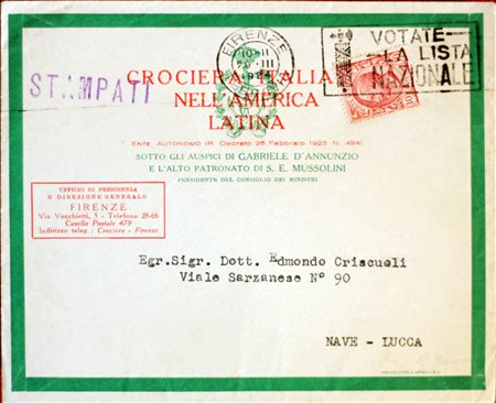 1924 Crociera Italiana, busta e foglio interno intestati per telegramma a...