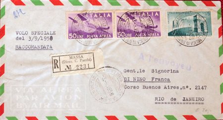 1958 num.837, aerea 154x2 su busta con annullo della visita del Presidente...