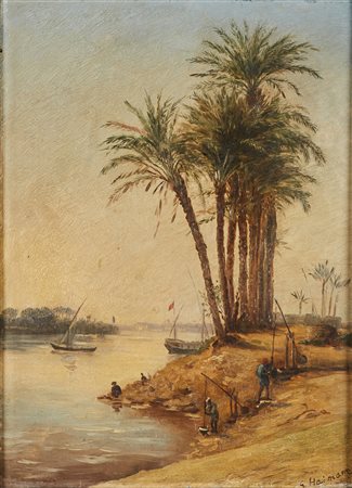 HAIMANN GIUSEPPE (1828 - 1883) Sponde del Nilo. Olio su tavola. Cm 23,00 x...