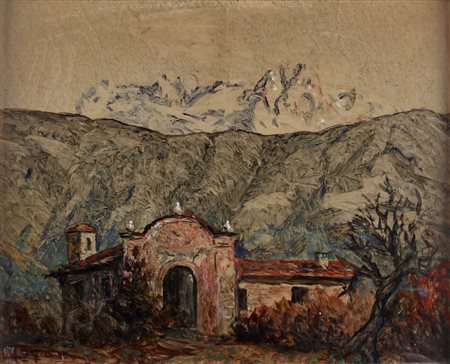 TOGNI EDOARDO (1884 - 1962) Paesaggio montano con casolare e campanile. olio...