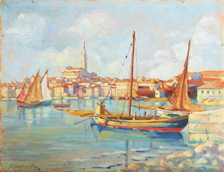 PENNASILICO GIUSEPPE (1861 - 1940) Porto e barche. Olio su cartone. Cm 32,00...