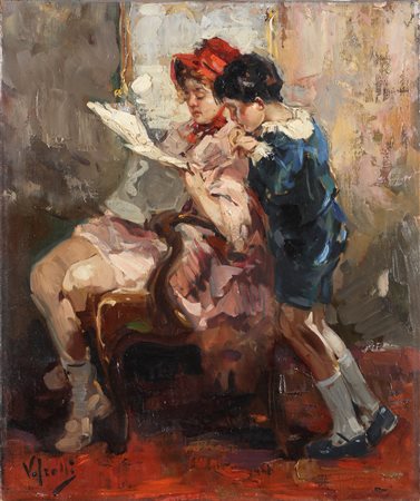 IROLLI VINCENZO (1860 - 1942) La lettura. Olio su tela . Cm 33,50 x 40,00....