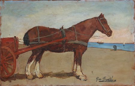 BARTOLENA GIOVANNI (1866 - 1942) Cavallo da tiro sul mare. Olio su tavola. Cm...