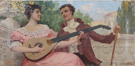 ANDREOTTI FEDERICO (1847 - 1930) Serenata. Olio su tela . Cm 87,50 x 42,50....