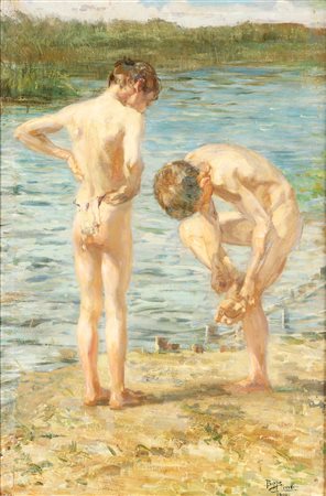 CIARDI BEPPE (1875 - 1932) Bambini sul fiume. 1904. Olio su tela . Cm 52,00 x...