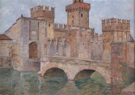 GALBUSERA GIOVACCHINO (1871 - 1942) Rocca di Sirmione. Olio su cartone. Cm...