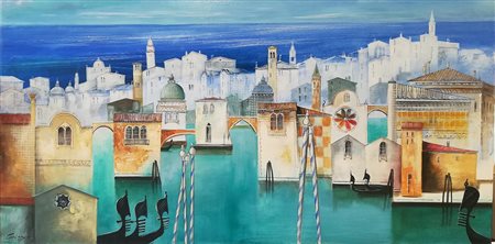 Antonio Carias Verona 1973 Venezia Olio su Tela 60x120 Certificato di...