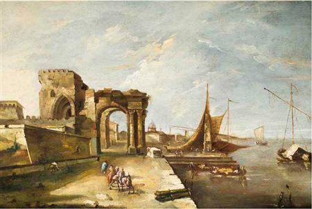 Giacomo Guardi Venezia 1764 – 1835 CAPRICCIO CON PORTO DI MARE E ARCO IN...