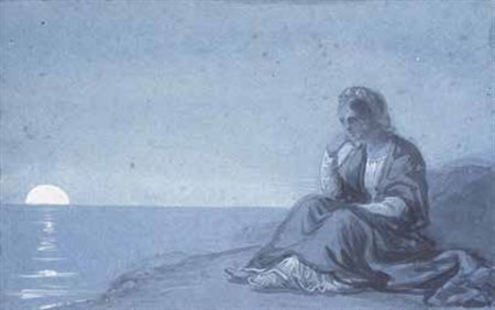 Scuola Francese del XIX secolo DONNA CHE GUARDA LA LUNA gouache su carta, cm...