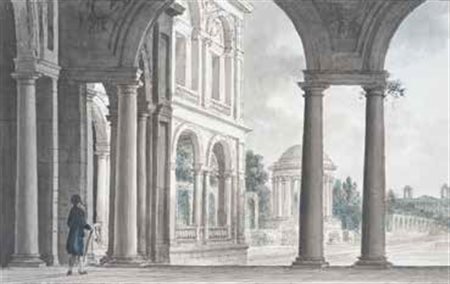 Scuola Francese del XIX secolo SCORCIO ARCHITETTONICO tempera su carta, cm...