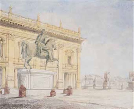 John Davies 1818 - 1865 INGRESSO A PIAZZA DEL CAMPIDOGLIO A ROMA acquerello e...