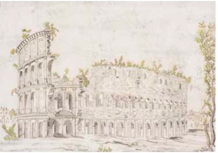 Scuola Romana del XIX secolo IL COLOSSEO inchiostro, matita e acquerello su...