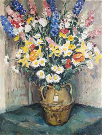 Ascanio Tealdi Pisa 1880 - 1961 A) E B) VASI DI FIORI IN UN INTERNO olio su...